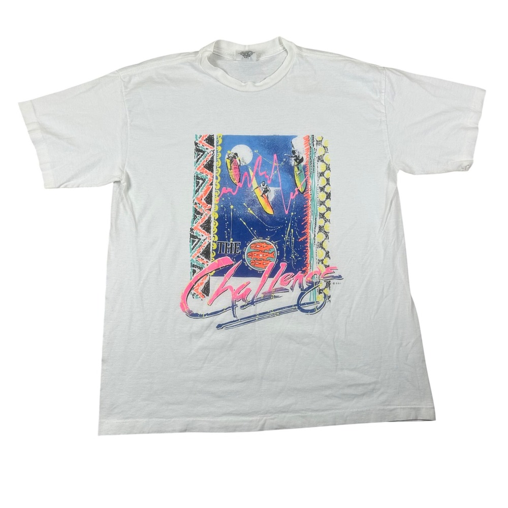 SSI The Challenge Vintage 90s Graphic T-Shirt Mens XL White Surf Neon‎ RN 55596